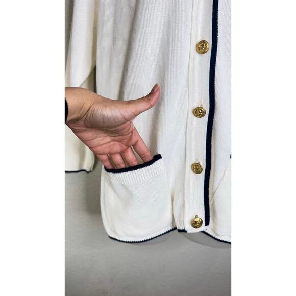Vintage Varsity Cardigan In White Navy Stripes Size Large Preppy Office Siren - Picture 3 of 7